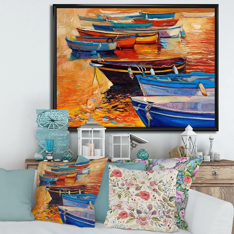 Designart Boats In The Harbor During Warm Colourd Sunset I FLOAT FRAME WALL ART