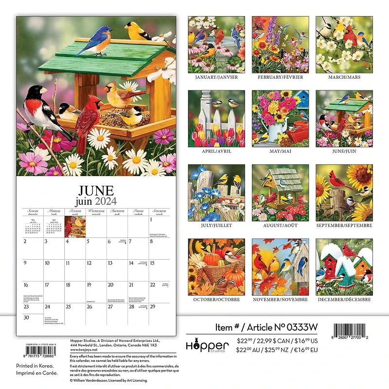 Hopper Studios Feathered Friends Amis a Plumes 2024 12x24 Inch Square Wall Calendar, 9781773728063