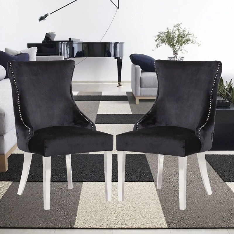 Chaise Odie en noir, chaise de salle à manger avec garniture cloutée, chaise de salle à manger en velours, chaise de salle à manger avec pieds en acier inoxydable pour cuisine et salon - Ensemble 2