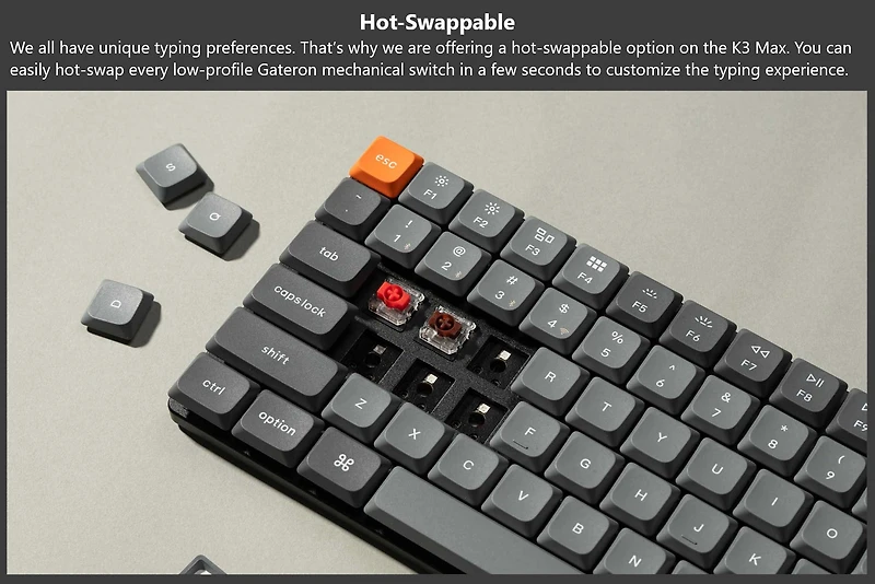 Keychron K3 Max Clavier mécanique sans fil RVB remplaçable à chaud interrupteur marron disposition 75% noir carbone K3M-H3