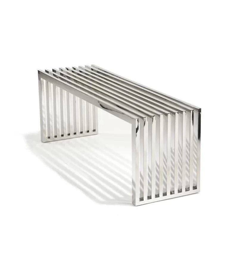 Banc moyen Vixey en chrome, banc en métal, banc poli en chrome, banc moyen en métal, banc d'entrée, banc moderne en métal au fini poli