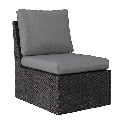 CorLiving Brisbane, canapé d'angle central de terrasse en résine tressée antirouille avec coussins, gris anthracite/gris clair