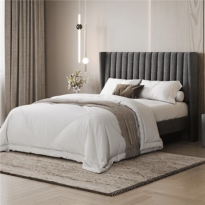 Fullfurnique Upholstered Bed Frame with Wing Side and Channel Headboard, Queen, Dark Gray
