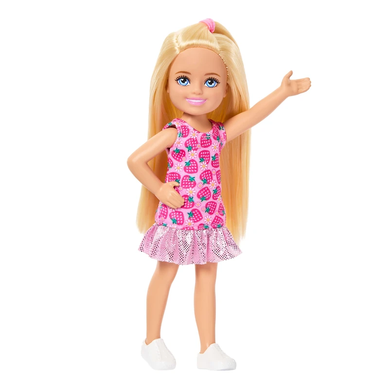 Barbie Club Chelsea Small Doll, 6-Inch with Blonde Hair in Strawberry-Print Dress & Shoes