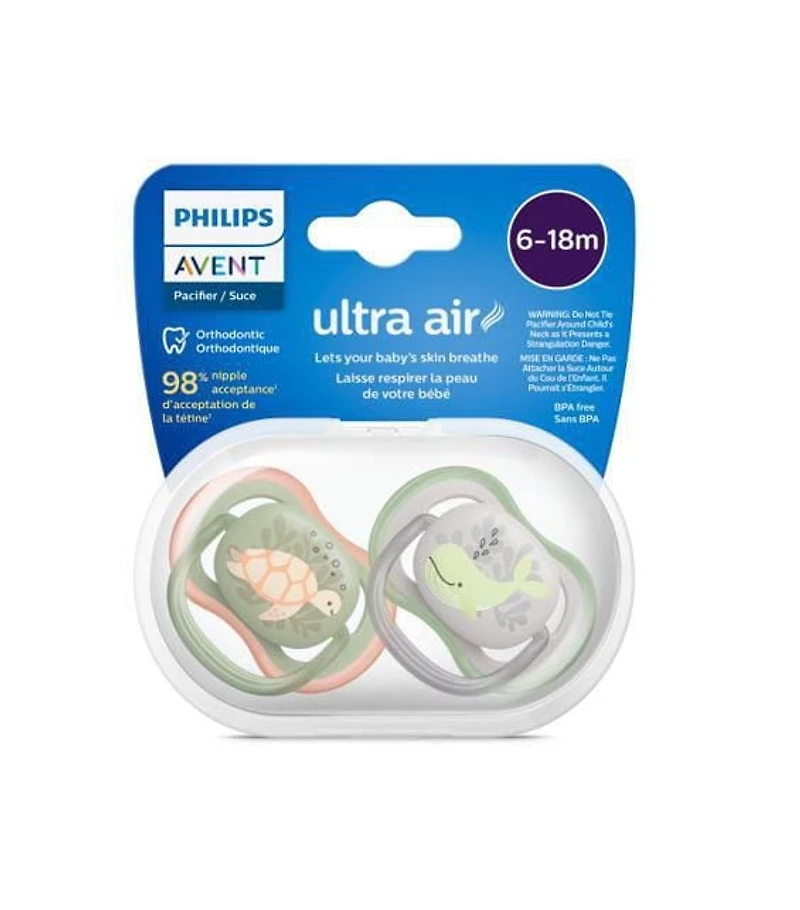 Philips Avent Ultra Air Pacifier 6-18m, orange turtle / green whale, 2 pack, SCF085/60, Avent Ultra Air Pacifier 6-18m turtle whale 2pk