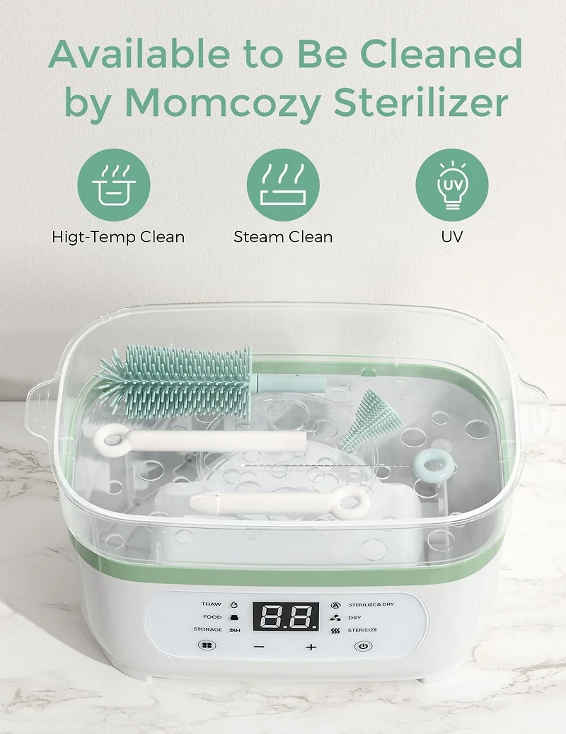 Momcozy Bottle Brush Set, Baby Bottle Cleaner Kit with Silicone Brush, Nipple Brush, Straw Brush, Soap Dispenser, Drying Rack, 7 in 1 Bottle Cleaning Tool, Green, MOMCOZY 7in1 Travel Bottle Rack Set