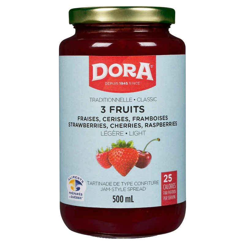 DORA FRAISES, FRAMBOISES, CERISES LÉGÈRES TRADITIONNELLE AVEC PECTINE DORA 3 FRUITS LÉGÈRES 500ML