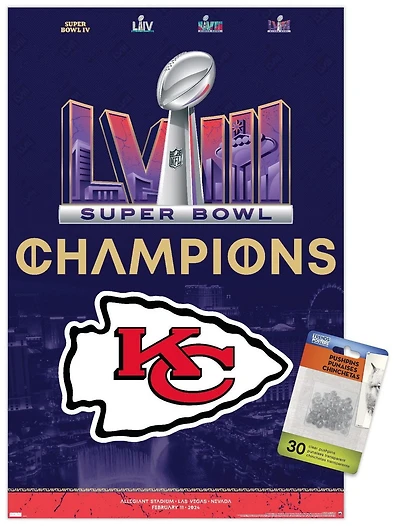 NFL Kansas City Chiefs - Super Bowl LVIII Team Logo Wall Poster with Pushpins, 22.375" x 34"