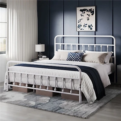 Fullfurnique Classic Iron Platform Bed Frame with High Headboard and Footboard, King, White