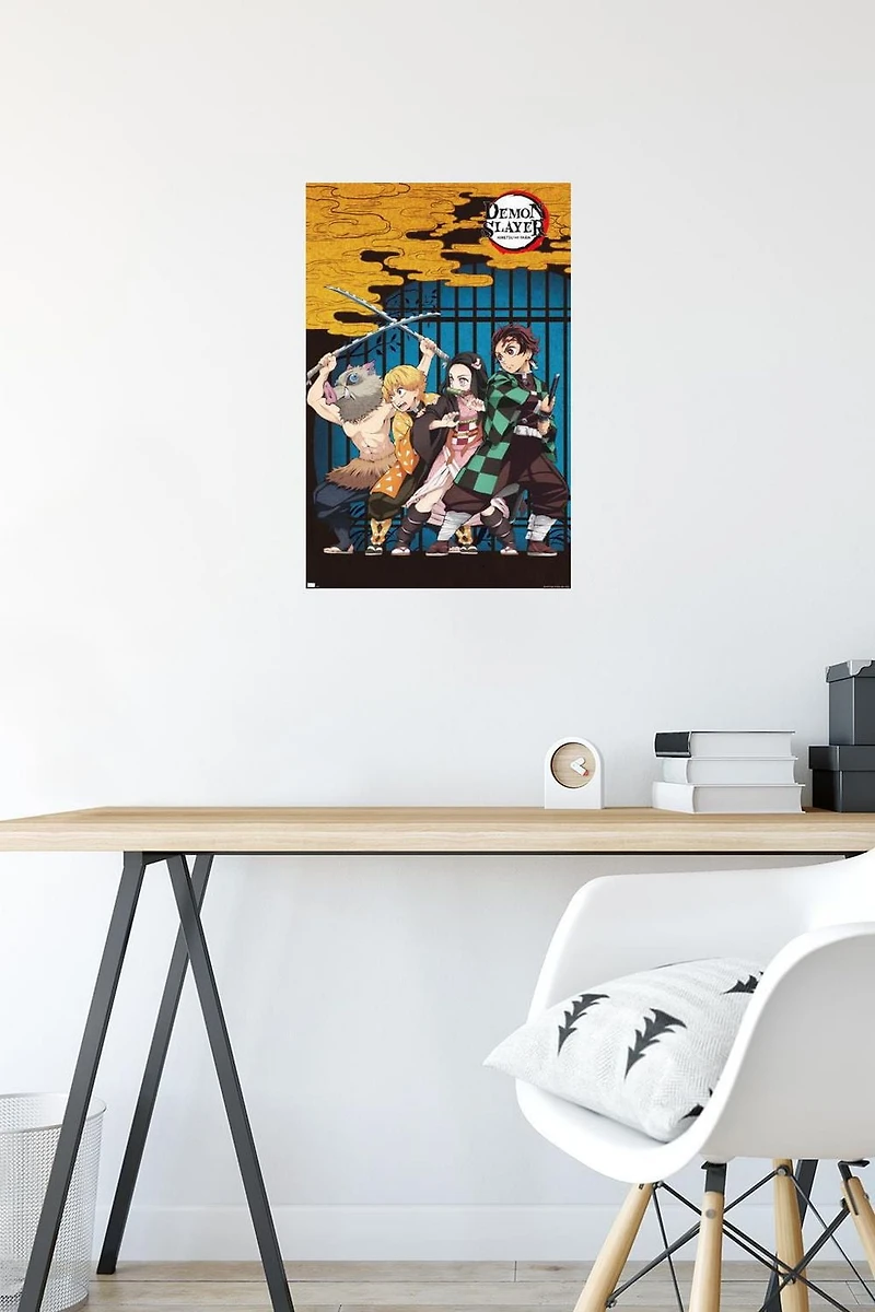 Demon Slayer – Group Art 22.375" x 34" Wall Poster with Beechwood Magnetic Frame, by Trends International