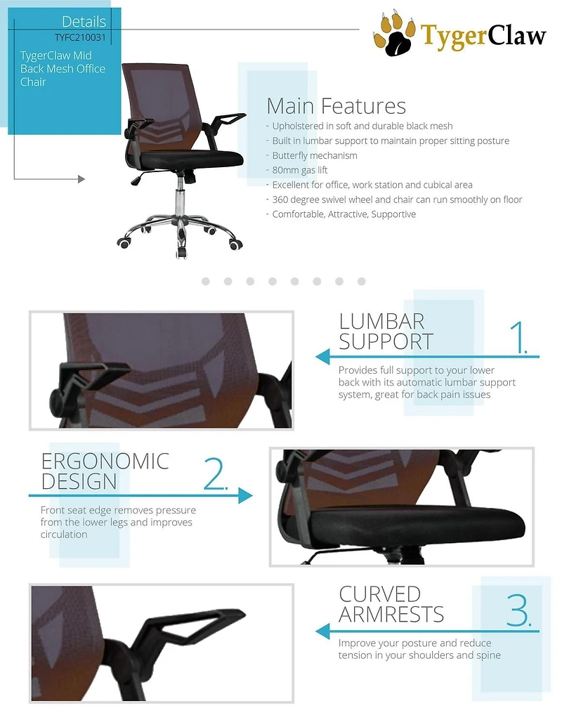 TygerClaw - Chaise de bureau en maille avec dossier moyen