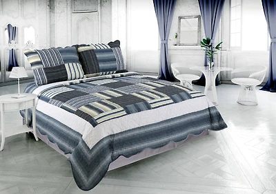 Ensemble de literie d'été ultra doux avec couvre-lit matelassé, motif bleu marine écossais classique, Décoration Marina