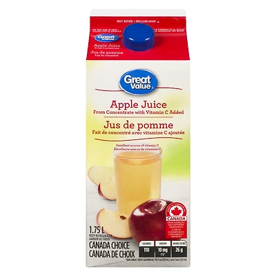 Jus de pomme 100% pur fait de concentré avec vitamine C ajoutée Great Value 1,75L