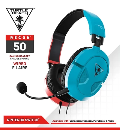 Turtle Beach® Recon 50 Red/Blue Gaming Headset for Nintendo Switch™1 | Xbox Series X, Xbox Series S & Xbox One | PS5™, PS4™, PS4™ Pro | PC & Mobile with 3.5mm Connection, Nintendo Switch