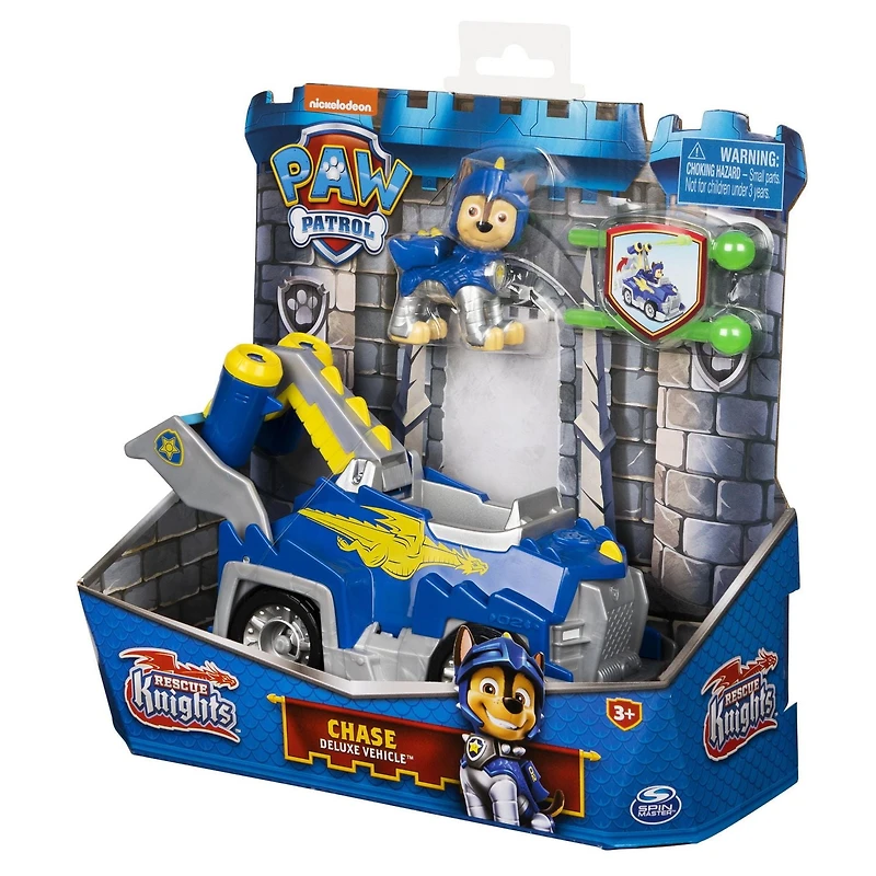 PAW Patrol, Rescue Knights Chase, Véhicule transformable avec figurine articulée à collectionner, jouets pour les enfants à partir de 3 ans