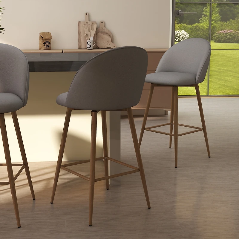 Homy Casa Set of 2 Contemporary Bar Stools, 26 in. Seat Height with Fabric Upholstery and Wooden Legs