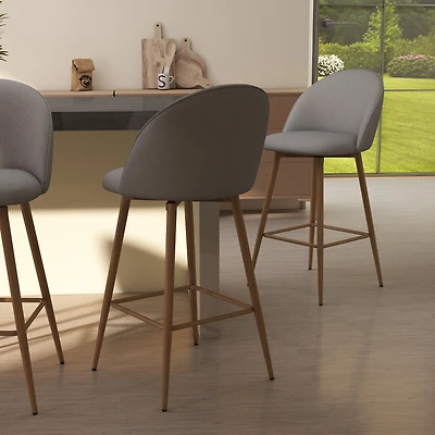 Homy Casa Set of 2 Contemporary Bar Stools, 26 in. Seat Height with Fabric Upholstery and Wooden Legs
