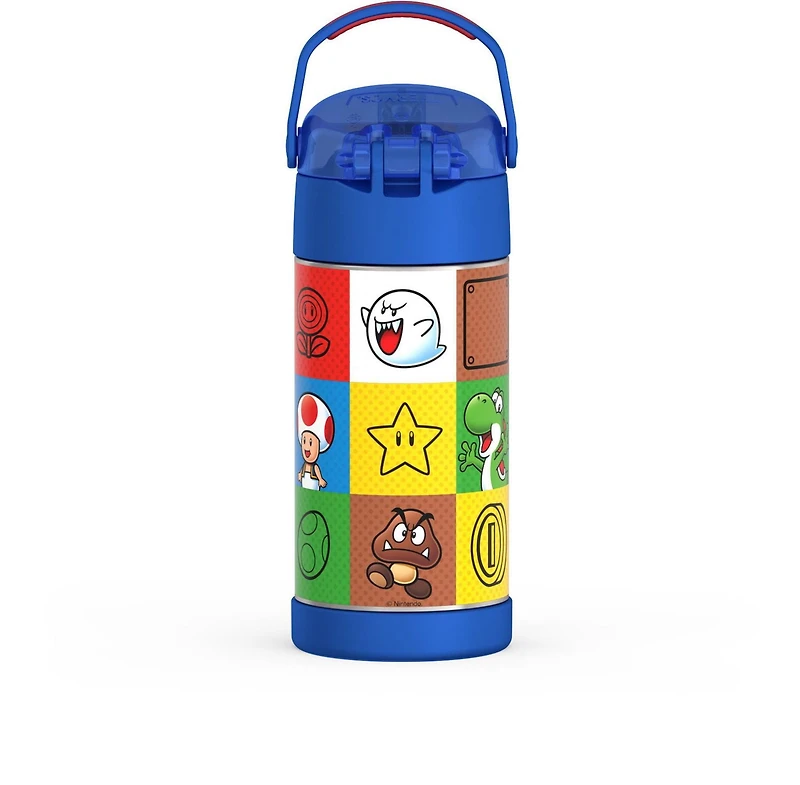 Thermos Kids Bouteille d'eau isolée sous vide avec paille rabattable, 355 ml, Super Mario