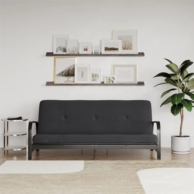 Mainstays Black Metal Arm Futon Frame with 6 inch Full Size Mattress & Retainer Covers, Futon with mattress