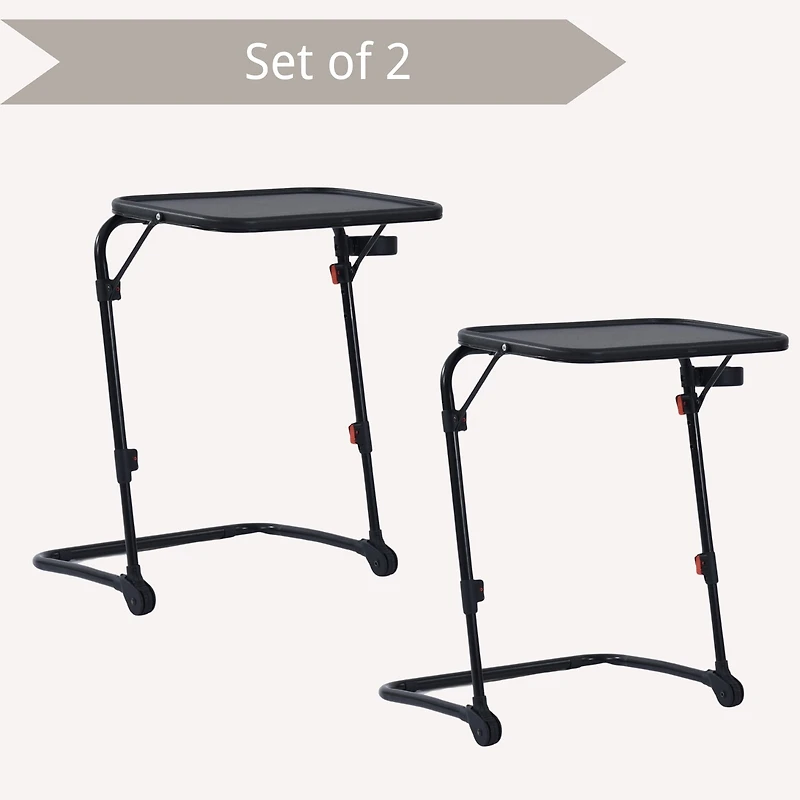 Homy Casa Set of 2 Folding Coffee Tables with Cup Holders and Adjustable Height, Black Plastic Surface