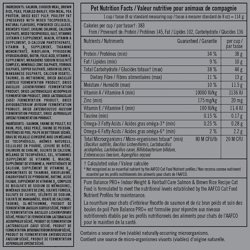 Pure Balance Pro+ Chat d’Intérieur Soin du Poids et Boules de Poils Recette Saumon et Riz Brun Nourriture sèche pour chat 100 g