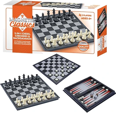 Tradeopia Magnetic Classics – 12 Inch Magnetic 3 in 1 Chess, Checkers & Backgammon Classic Game