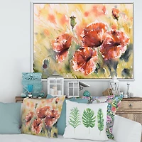 Designart Red Poppy On A Field FLOAT FRAME WALL ART