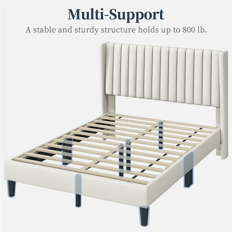 Fullfurnique Upholstered Bed Frame with Wing Side and Channel Headboard, King, Ivory