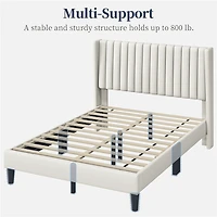 Fullfurnique Upholstered Bed Frame with Wing Side and Channel Headboard, King, Ivory