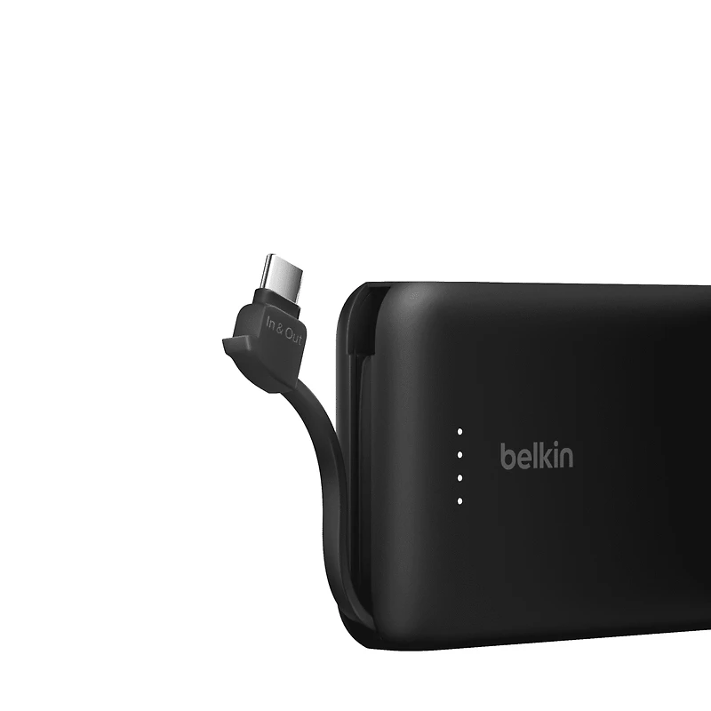 Belkin BoostCharge Portable Power Bank, 2.2in/5.7cm Integrated Cable 10,000mAh PD 20W Fast Charge USB-C Power Delivery, Portable iPhone Charger for iPhone 15 Series, iPad Pro, Galaxy S24 & More Black, BEL 10K 20W CABLE PWRBNK BLK