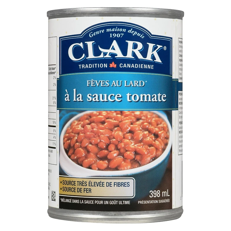Clark Fèves au lard à la sauce tomate Un tantinet plus costaudes que nos fèves Clark à la sauce tomate, les fèves au lard à la sauce tomate de Clark sont préparées à même cette onctueuse sauce tomate sucrée acidulée. Et, tradition oblige, nous y ajoutons du bon lard bien de chez nous… histoire de leur donner encore plus de goût!