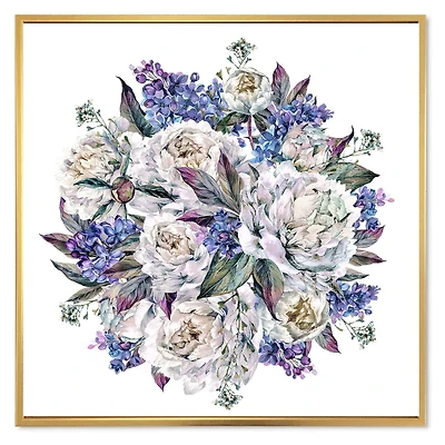 Designart Bouquet Pivoines En Blanc Et Bleu ART MURAL À CADRE FLOTTÉ