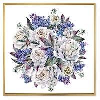 Designart Bouquet Pivoines En Blanc Et Bleu ART MURAL À CADRE FLOTTÉ