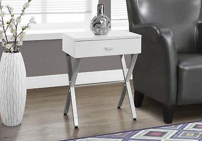 Monarch Specialties  Table D'appoint, Coté, Bout, Table De Nuit, Lampe, Tiroir De Rangement, Salon, Chambre À Coucher, Stratifié Blanc Brillant, Métal Chromé, Contemporain, Moderne