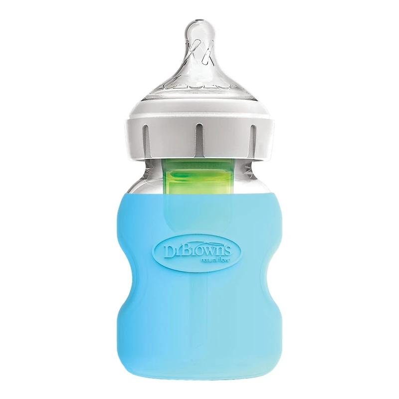 Biberons en verre à col large anti-colique Options+ du Dr Brown avec manchons en silicone - bleu et vert menthe - 5oz - 3pk