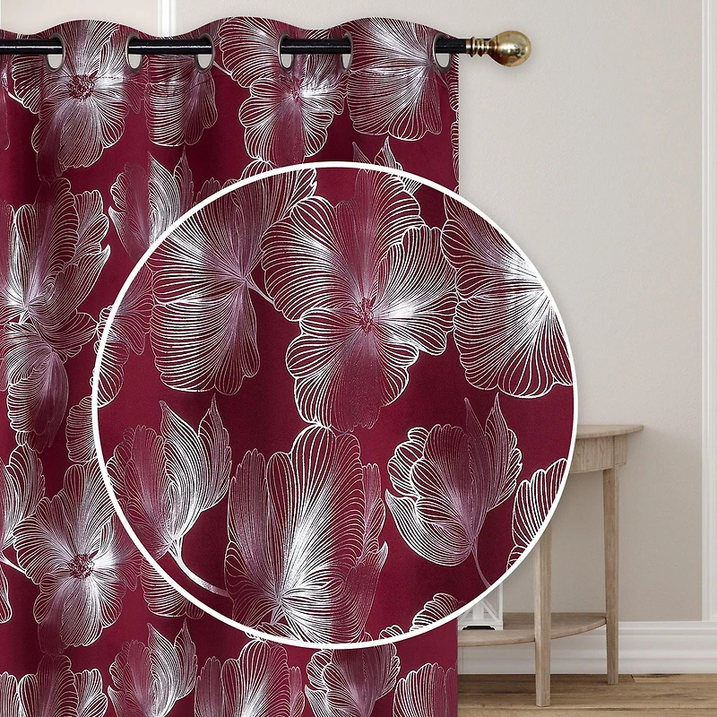 IH Casa Decor Foil Print Pannel W 8 Grom Hibiscus Burgundy 96" - Ensemble De 2