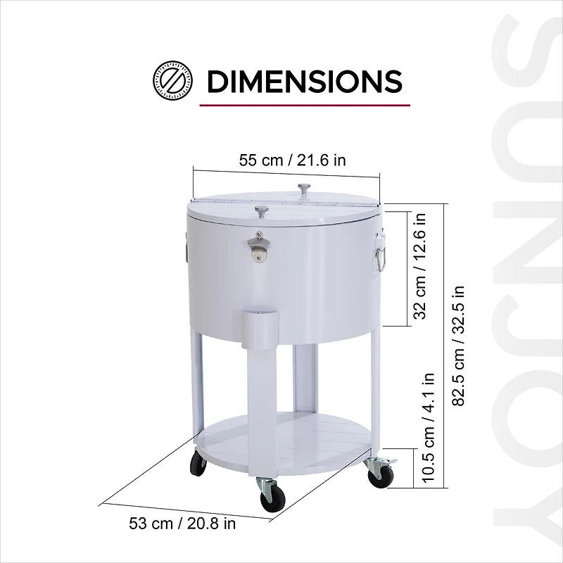 Sunjoy Rooling Ice Chest Cooler Cart 60 Quart, Portable Patio Party Bar Drink Cooler Cart, Beverage Bar with Bottle Opener and Shelf, White
