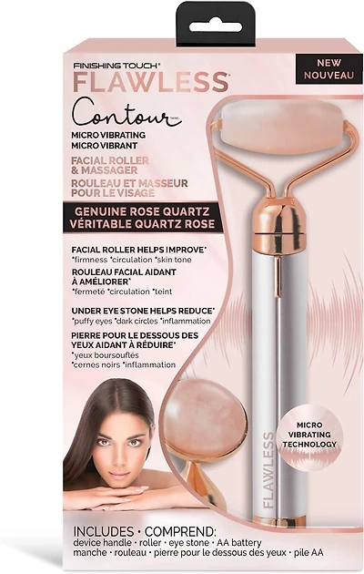 Rouleau et masseur facial vibrant de quartz rose de Finishing Touch Flawless Contour 1 appareil, 2 accessoires interchangeables