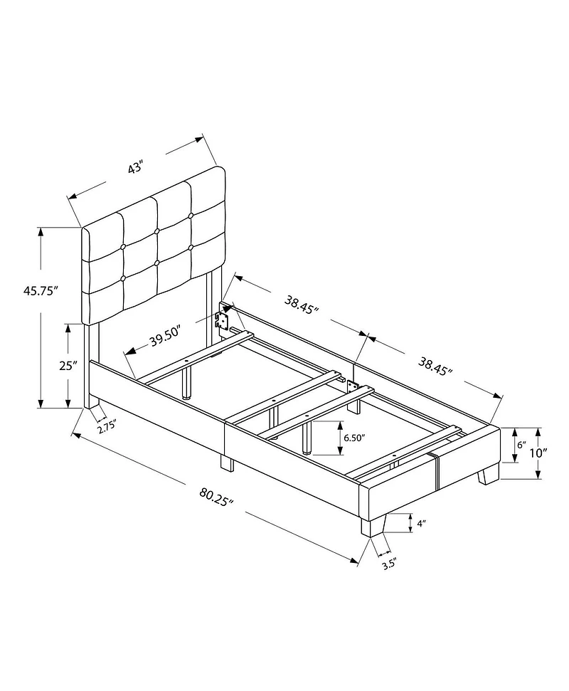 Monarch Specialties Bed, Twin Size, Platform, Teen, Frame, Upholstered, Linen Look, Wood Legs, Grey, Transitional