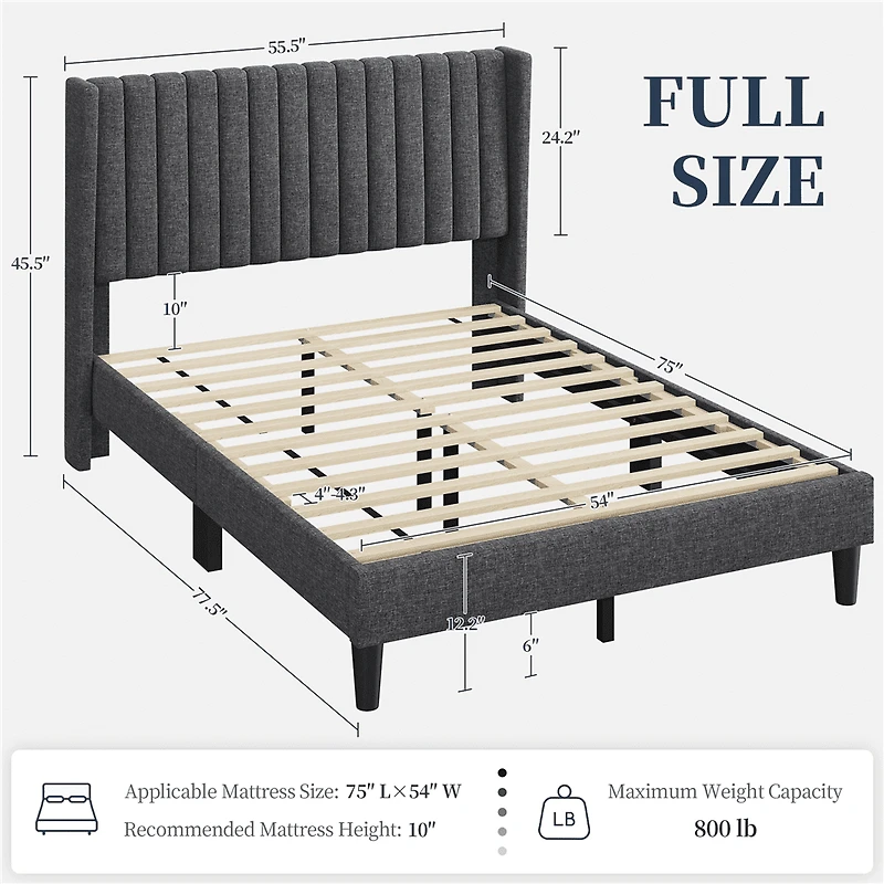 Fullfurnique Upholstered Bed Frame with Wing Side and Channel Headboard, Queen, Dark Gray