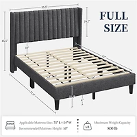 Fullfurnique Upholstered Bed Frame with Wing Side and Channel Headboard, Queen, Dark Gray