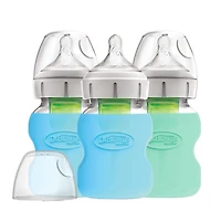 Biberons en verre à col large anti-colique Options+ du Dr Brown avec manchons en silicone - bleu et vert menthe - 5oz - 3pk