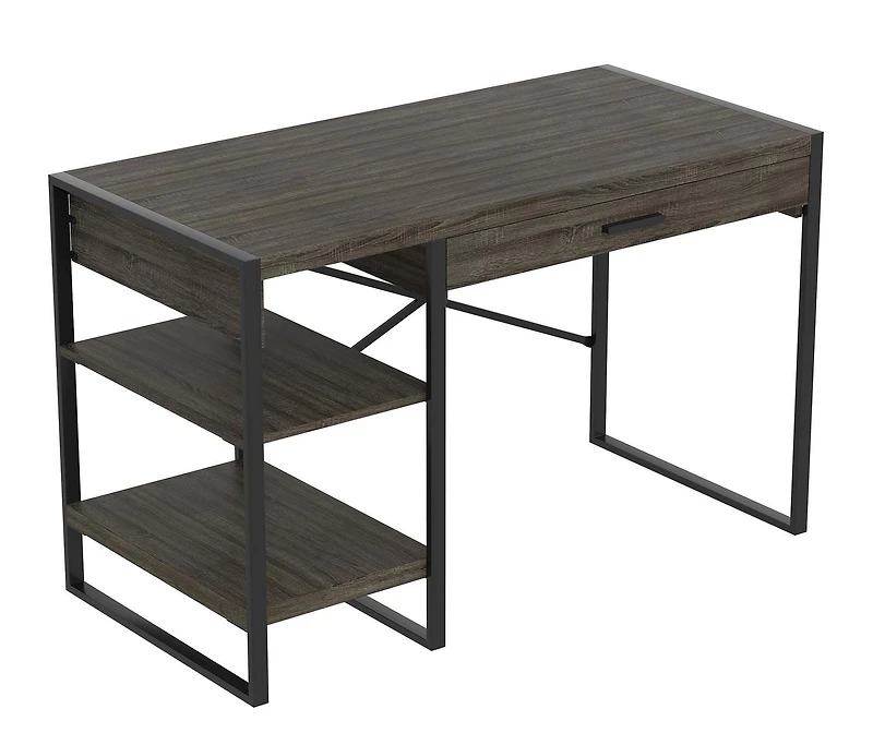 Safdie & Co. Computer Writing Desk 47.65in Long Dark Grey with 1 Drawer 2 Shelves and Black Metal for Home Office and Small Spaces. Ideal for writing, gaming, study, work from home.