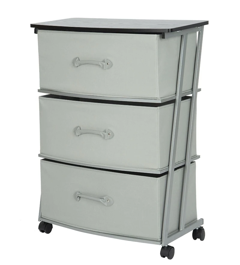 Mainstays 3 Drawer Wide Fabric Cart with Wheels for Adult,  Metal Frame for Bedroom, Closet, Entryway Etc., Size:23.3 in. W x 12 in. D x 29.8 in. H; Grey drawer with black wood top