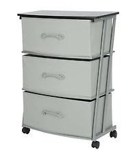 Mainstays 3 Drawer Wide Fabric Cart with Wheels for Adult,  Metal Frame for Bedroom, Closet, Entryway Etc., Size:23.3 in. W x 12 in. D x 29.8 in. H; Grey drawer with black wood top