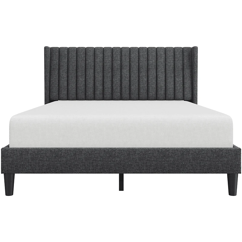 Fullfurnique Upholstered Bed Frame with Wing Side and Channel Headboard, Queen, Dark Gray
