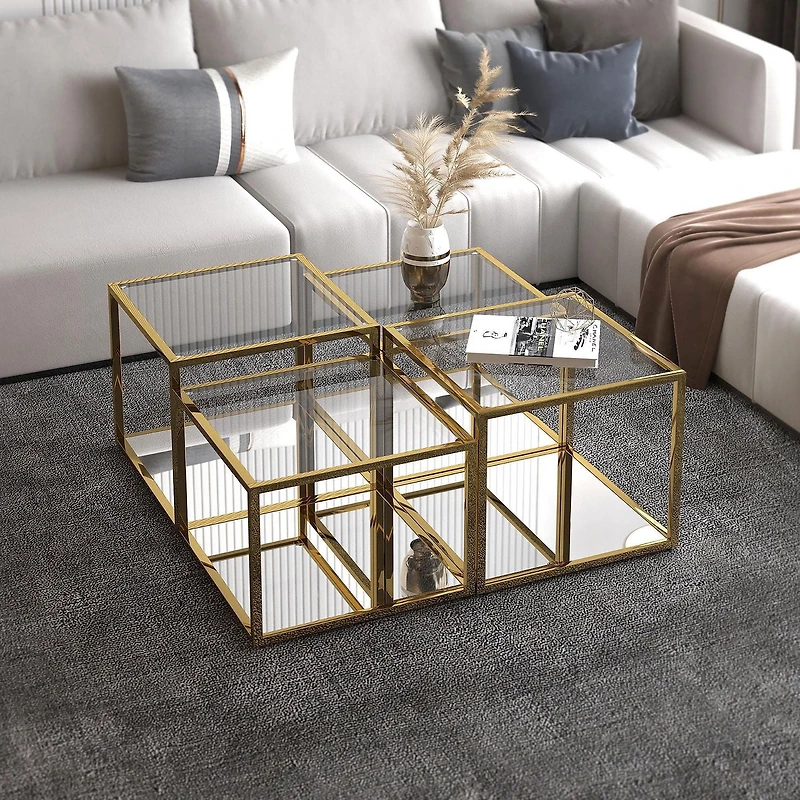 Contemporary Metal and Glass Multi-Tier Coffee Table Set of 4 - Gold