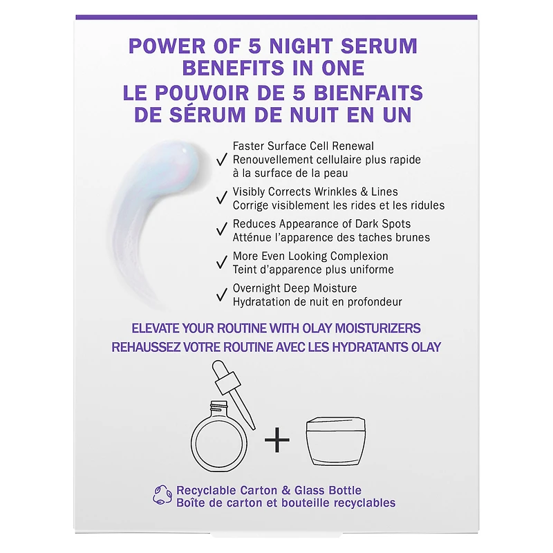 Super sérum réparateur de nuit 5 en 1 de Olay Sérum léger renouvelant pour le visage  Soin de la peau correcteur de rides avec acide salicylique, niacinamide, acide lactique, glycérine, peptide 50ML
