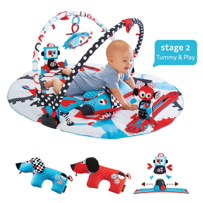 Tapis de Jeu et de Gym pour Bébé Yookidoo. Gym d'Activité 3 en 1 - Aire de Jeu Musicale avec Piste de Robot Motorisée et 20 Activités de Développement pour S'asseoir, S'allonger et le Temps sur le Ven
