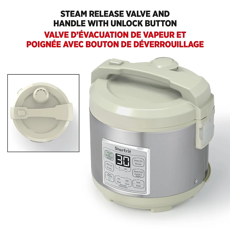 Starfrit Low-Carb Rice Cooker 14-Cup, Reduces Carbs Up To 30%, 7 Preset Functions, Steamer Basket, Non-Stick Pot, Easy Clean, Healthy Cooking, Rice Brown White Soup Steam Slow Cook